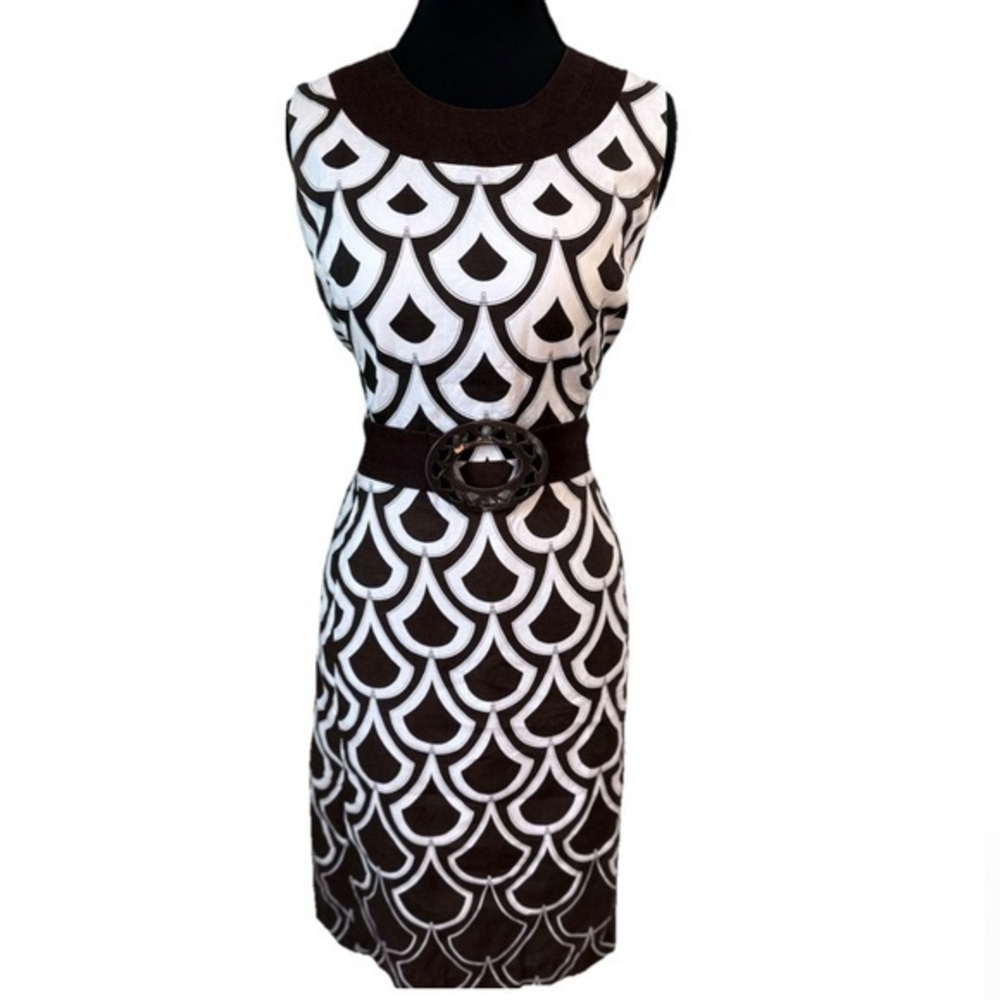 Talbots Linen Dress Sleeveless Dark Brown White Lined 8 Slightly Above Knee